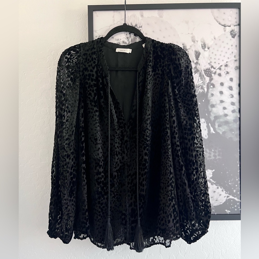 A.L.C. Silk Blend Black Sheer Long Sleeve Animal Print Blouse Top Size 6